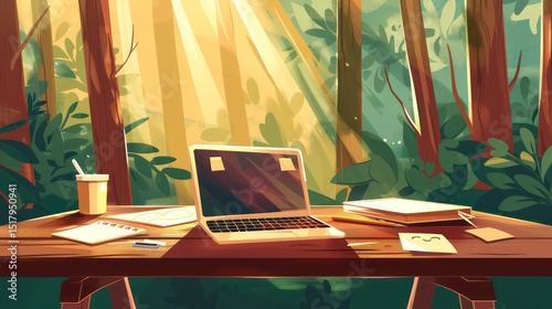 Minimalist outdoor desk with laptop, notes, and trees lit by sunlight in vector style.