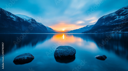 Sunset whispers through fjord whispers, azure reflections glow, invoking Trolltungas mythic embrace, Solstice serenity in wintry Norway