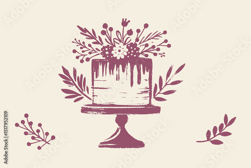 Floral cake on stand ink brush sketch vector illustration