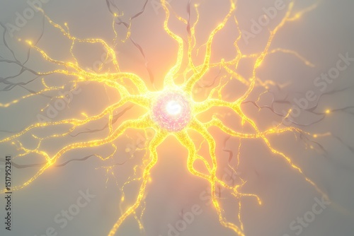 A meshwork of glowing yellow neuron paths branching from a radiant pink data seed in the center of a soft grey haze, 
