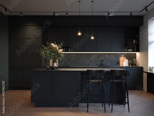 Modern, dark kitchen island...