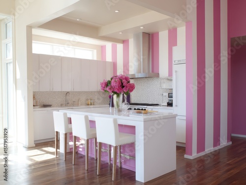 A modern kitchen with pink striped walls and white cabinetry.