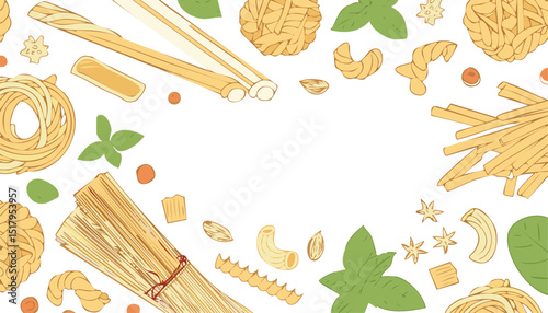 Pasta Pattern. Italian craft paper vector food background. Seamless macaroni sketch doodle illustration. Vintage drawing in Italy. Outline pasta pattern background.beige, illustration, pasta, 