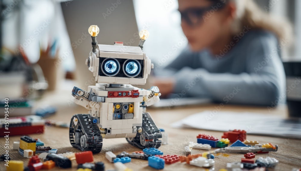 Naklejka premium Robot toy on table with girl and laptop