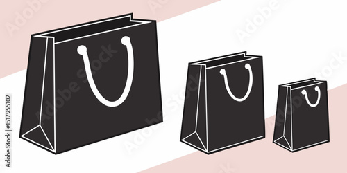 Blank black paper shopping bags or gift bags with ribbon handles mockup template. Isolated dark black color   background with shadow. Realistic vector illustration.
