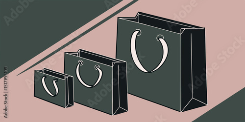Blank black paper shopping bags or gift bags with ribbon handles mockup template. Isolated dark green and pink  background with shadow. Realistic vector illustration.