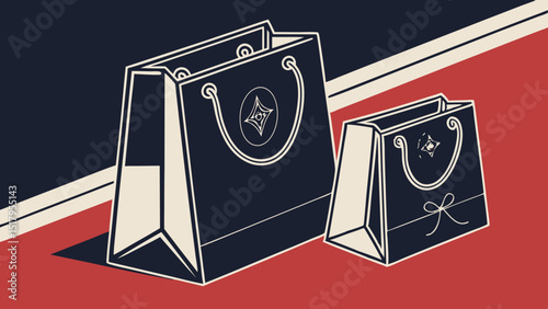 Blank black paper shopping bags or gift bags with ribbon handles mockup template. Isolated on dark navy blue and red background with shadow. Realistic vector illustration.