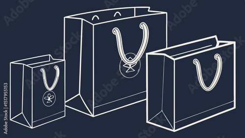 Blank black paper shopping bags or gift bags with ribbon handles mockup template. Isolated dark navy blue background with shadow. Realistic vector illustration.