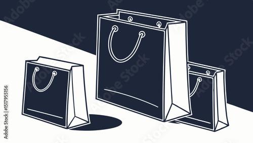Blank black paper shopping bags or gift bags with ribbon handles mockup template. Isolated dark navy blue background with shadow. Realistic vector illustration.