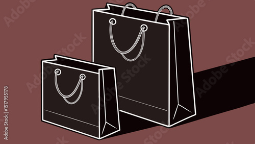 Blank black paper shopping bags or gift bags with ribbon handles mockup template. Isolated dark red   background with shadow. Realistic vector illustration.