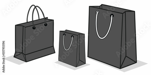 Blank black paper shopping bags or gift bags with ribbon handles mockup template. Isolated white  background with shadow. Realistic vector illustration.
