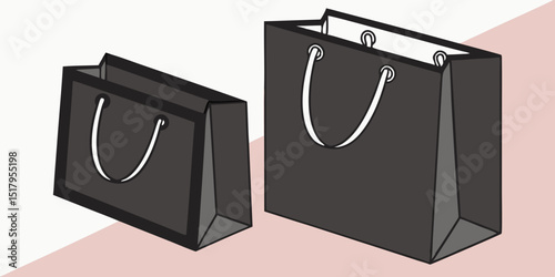 Blank black paper shopping bags or gift bags with ribbon handles mockup template. Isolated    background with shadow. Realistic vector illustration.