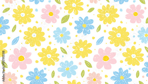 Floral pattern. Seamless spring flower crayon hand drawn abstract vector. Yellow brush background. Small pencil plant. Pastel pattern design. Organic floral illustration texture.children, brush, chalk