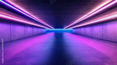 Fototapeta Naklejka Na Ścianę i Meble -  Neon-lit tunnel interior with concrete walls.