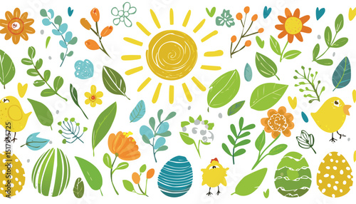 Cute Easter set with spring flower, egg, leaves, tulip, bird, chick, sun. Easter cartoon vector bg with kid crayon elements. Floral doodle illustration, pastel garden background.rabbit, flower, 