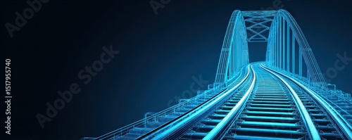 A glowing digital illustration of railway tracks leading over a bridge on a dark blue background.