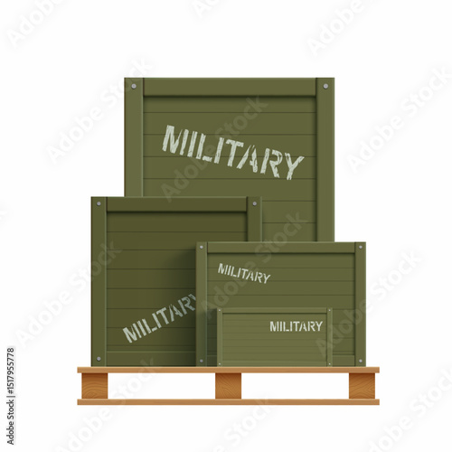 Military cargo. Green wooden boxes with weapons on a pallet. Isolated on white background.