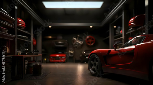 Dark Garage Interior With Red Sports Car