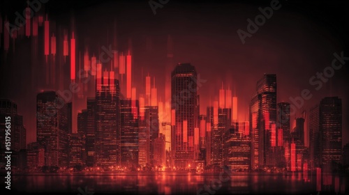 A city skyline in red tones with falling stock market candlestick charts, symbolizing financial decline and crisis.