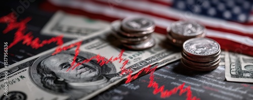US currency, coins, stock market graph, and an American flag symbolize financial markets and economic trends in the United States.