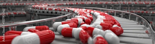 Red and white capsules move along a conveyor belt in a pharmaceutical manufacturing facility.