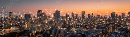 Wallpaper Mural A city skyline at sunset with glowing network connections symbolizing smart technology and digital connectivity. Torontodigital.ca
