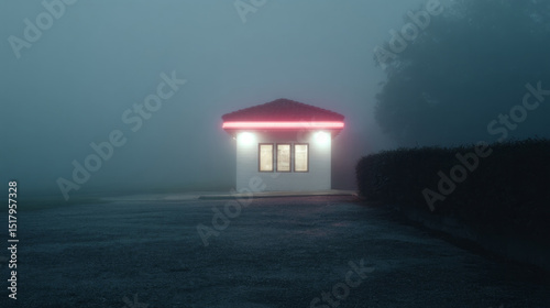 Fog-shrouded neon hut, an enigmatic beacon amidst eerie oblivion, whispers tales of Walpurgisnacht rituals and urban legends