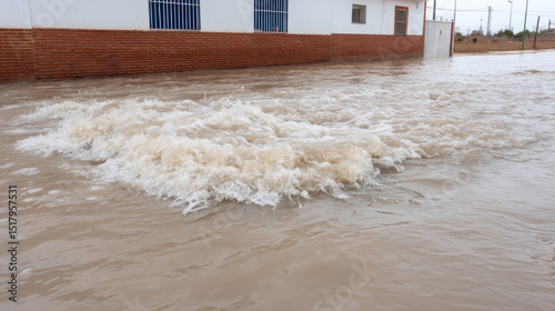 Turbulent floodwaters engulfing streets, conjuring the chaotic spirit of Storm Festival, nature's raw might against human resilience