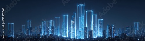 A futuristic city skyline illuminated with blue neon lights, featuring digital outlines of skyscrapers at night.