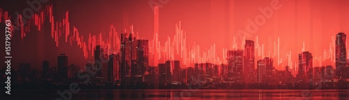 A city skyline with red financial graphs overlaying the buildings, representing economic trends or stock market activity.
