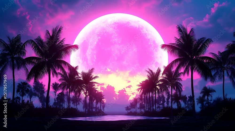 Naklejka premium Silhouettes of palm trees with a huge glowing pink moon over water at night.