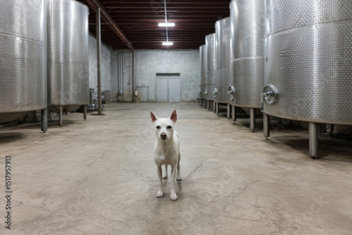Inquisitive terrier amidst imposing silos, industrial solitude meets canine curiosity, perfect for National Dog Day or International Fermentation Festival