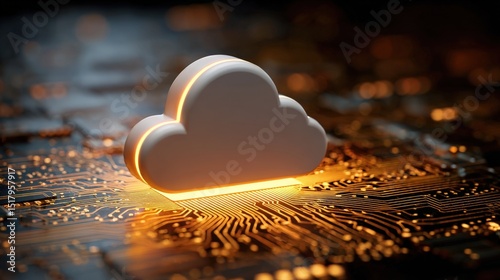 A glowing cloud icon sits atop a circuit board, symbolizing cloud computing and digital technology integration.