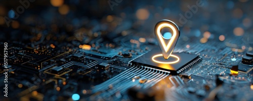A glowing location pin on a computer chip symbolizes digital navigation, GPS, and advanced technology integration.