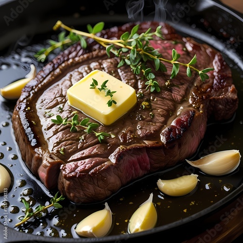 Juicy grilled steak served with herbs and garlic on a hot skillet during a cozy dinner experience
