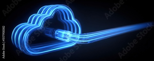 A glowing cloud with a network cable symbolizes cloud computing and data transfer.