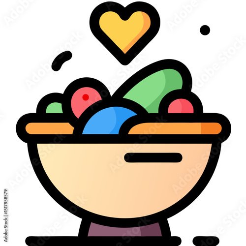 Colorful Bowl of Fresh Fruit and Vegetables with Heart Icon - Healthy Eating Concept