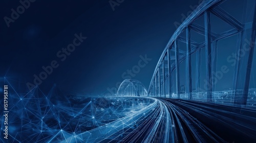 A digital wireframe of a futuristic bridge with glowing lines, illustrating technology and connectivity at night.