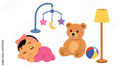 Cute Baby Illustration with Toy, Ball, and Lamp Playful Nursery Scene for Childhood, Parenting, and Early Learning Decor Themes
