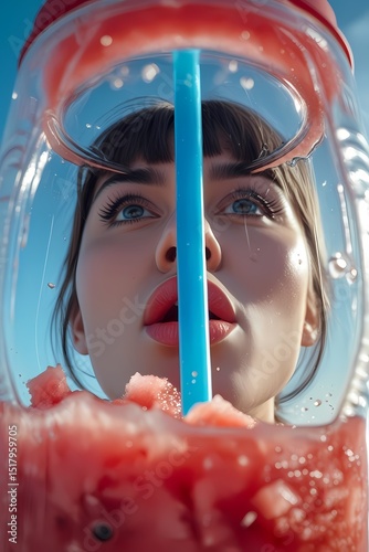 Woman enjoying a refreshing watermelon drink through a straw on a sunny day outdoors