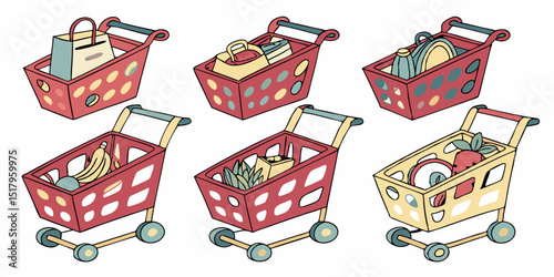 Set of realistic 3d cartoon shopping carts. Collection colorful of icons shop cart isolated on white background Vector illustration

