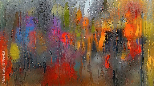 Colorful city scene viewed through a misted window.