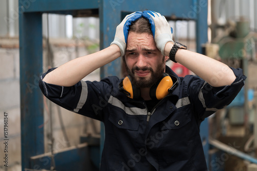 Industry factory, male worker, workshop. Male worker tired from working, looking streesed, feeling sice or unwell in place of work at factory