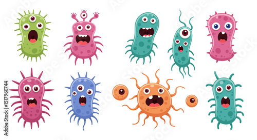 Collection of Cartoon Germs and Bacteria with Various Shapes and Colors