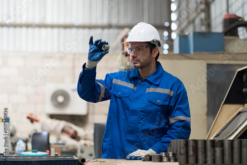Male engineer worker inspecting quality parts of CNC machine in industrial factory, wearing safety uniform, glasses and hard hat. Technicians installing or replacing parts on CNC machines in factory