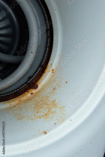Close-up view of rust stains and mineral deposits accumulating inside a light-colored appliance component