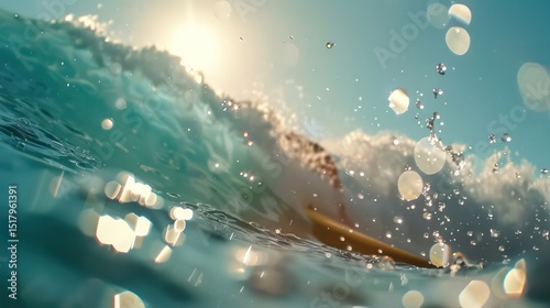 Surfer carves wave on vibrant board, turquoise water splashing under California sun.