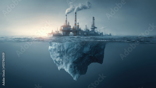 A metaphorical depiction of industry's impact on the environment, with an iceberg featuring a factory