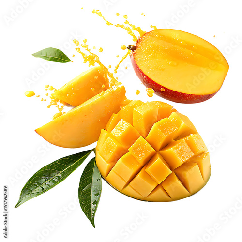 Partially Sliced Mango with Golden Juice Splash and Green Leaves on White Background
