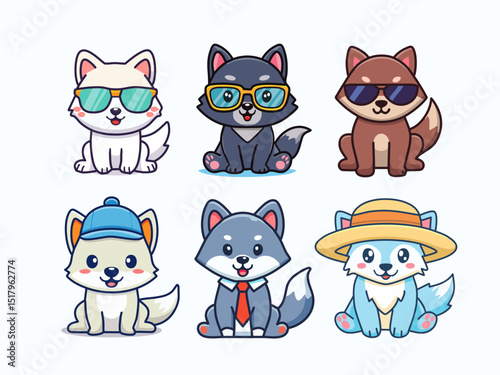 Cute Baby Wolf Vector Set in Colorful Costumes – Adorable Cartoon Animal Characters for Kids and Nursery Design
